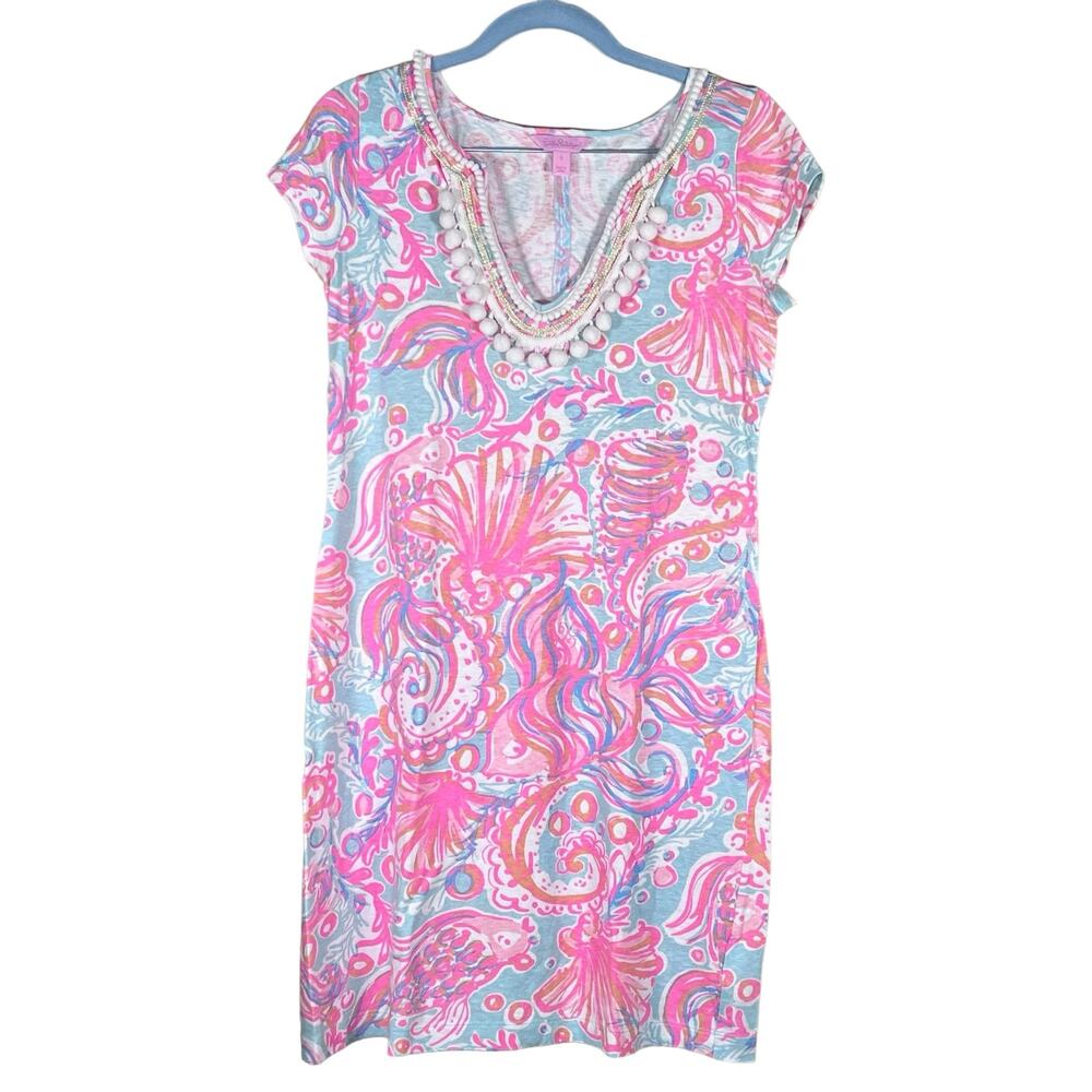 Lilly Pulitzer Linen Blend Coastal Print Dress with Pom-Pom Trim Size Small